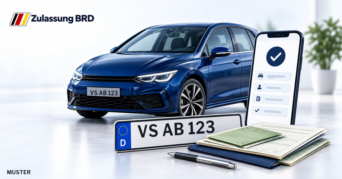 Online Fahrzeugzulassung in Blumberg: Musterkennzeichen VS AB 123, Auto und Fahrzeugpapiere und Smartphone. Illustration mit Logo von Zulassung BRD.